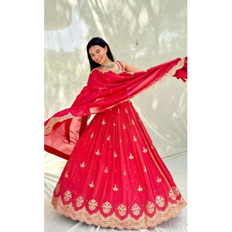 Crimson Gold-Embroidered Lehenga Choli - Perfect for Weddings & Festive Occasions