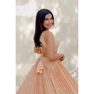 Peach Mirror-Work Lehenga Choli with Tassels for Weddings & Special Occasions