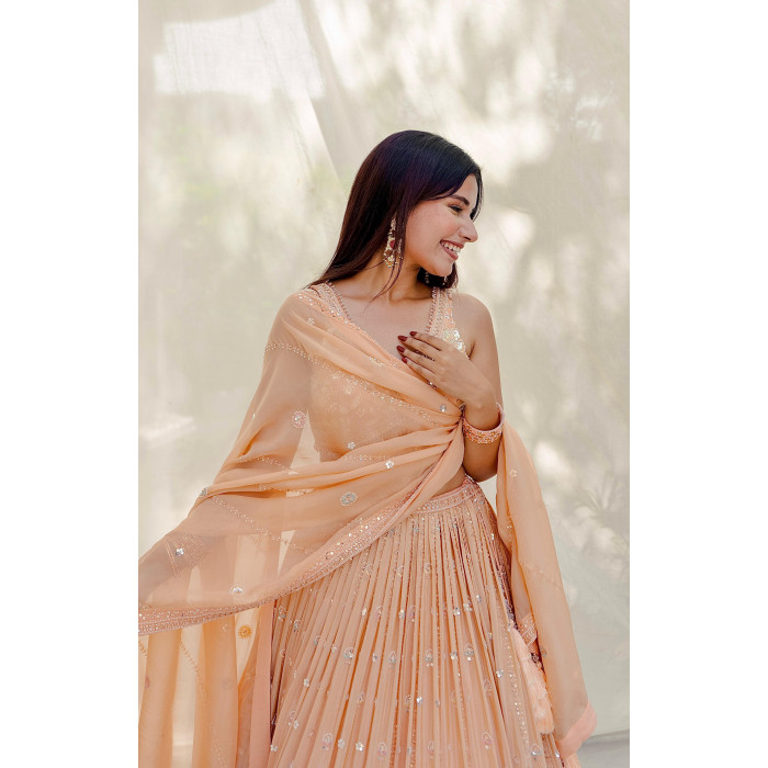 Peach Mirror-Work Lehenga Choli with Tassels for Weddings & Special Occasions