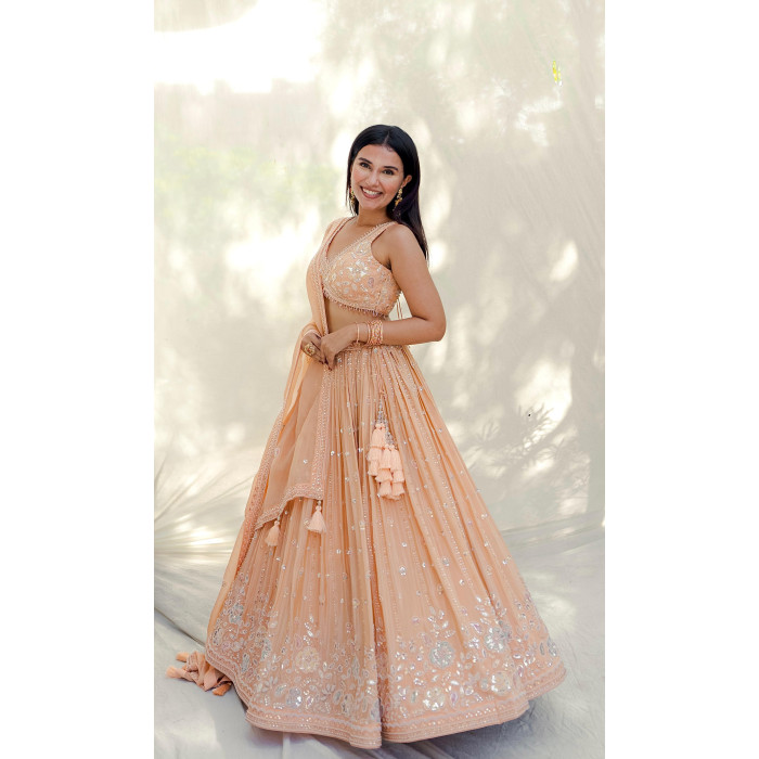 Peach Mirror-Work Lehenga Choli with Tassels for Weddings & Special Occasions