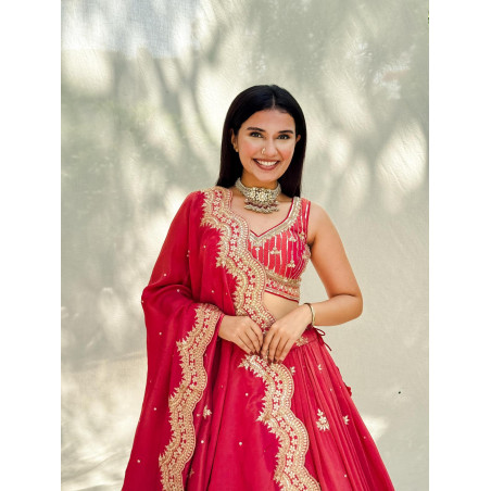 Crimson Gold-Embroidered Lehenga Choli - Perfect for Weddings & Festive Occasions