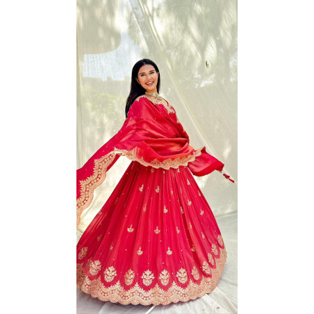 Crimson Gold-Embroidered Lehenga Choli - Perfect for Weddings & Festive Occasions