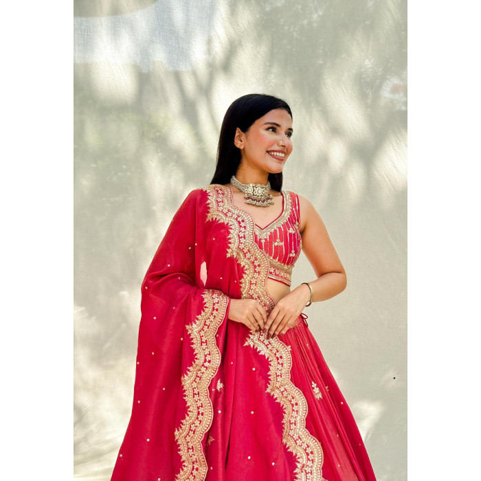 Crimson Gold-Embroidered Lehenga Choli - Perfect for Weddings & Festive Occasions